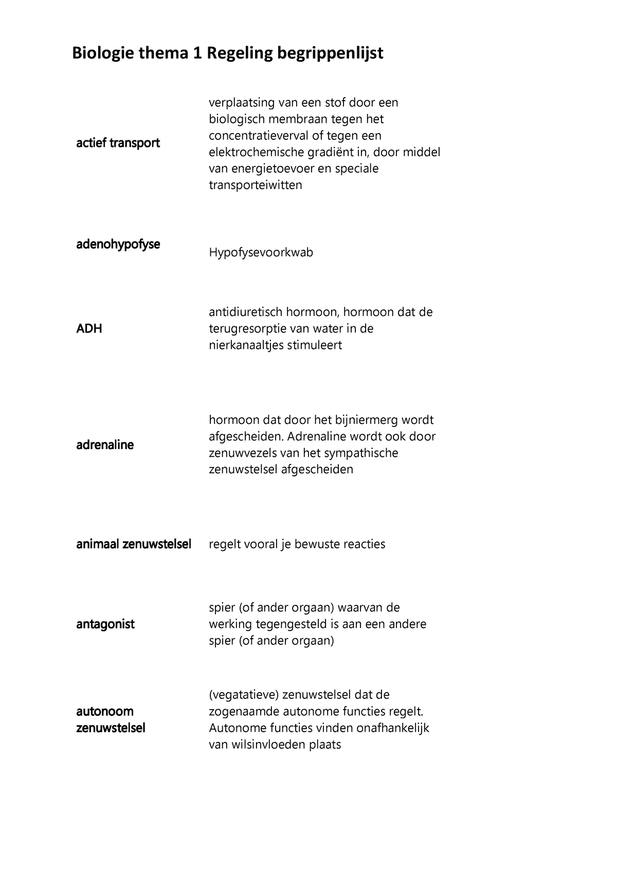 Begrippenlijst Bio Thema 1 Regeling - Actief Transport Verplaatsing Van ...