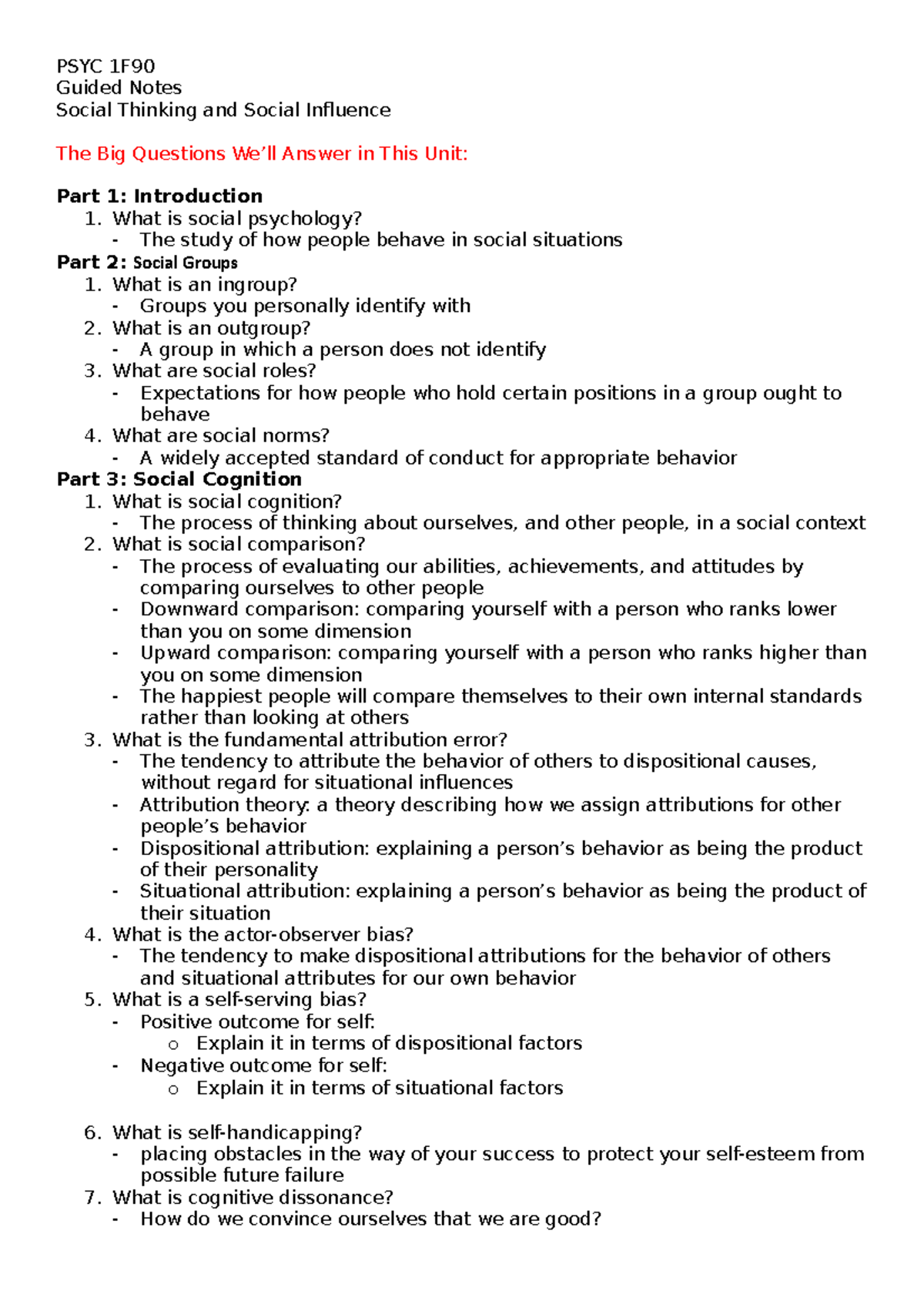 Social Thinking and Social Influence - PSYC 1F Guided Notes Social ...