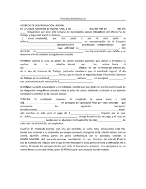 Comun acuerdo - Principio del formulario ACUERDO DE DESVINCULACIÓN LABORAL  En la Ciudad Autónoma de - Studocu