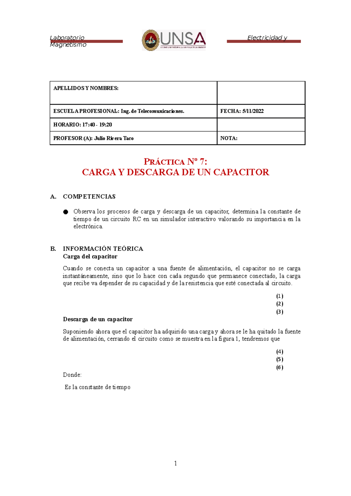 7 Carga Y Descarga De Un Capacitor Laboratorio Magnetismo Apellidos Y