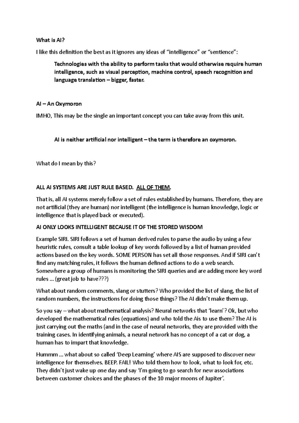 Notes - What is AI? I like this definition the best as it ignores any ...
