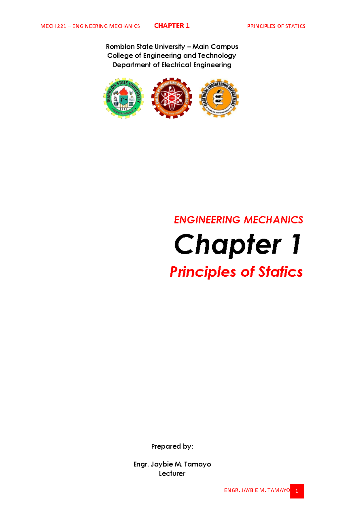 Chapter 1 Engineering Mechanics Principles Of Statics Romblon Chapter 1 Engineering Mechanics Principles Of Statics Romblon