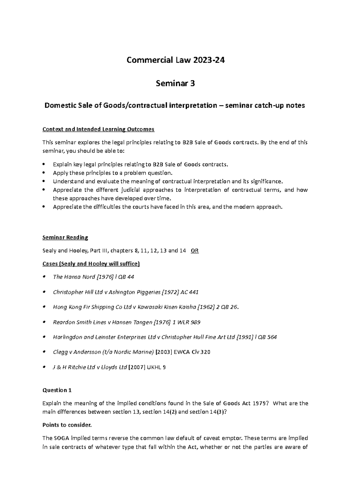 Seminar 3 catch up notes DSOG contractual interpretation - Commercial ...