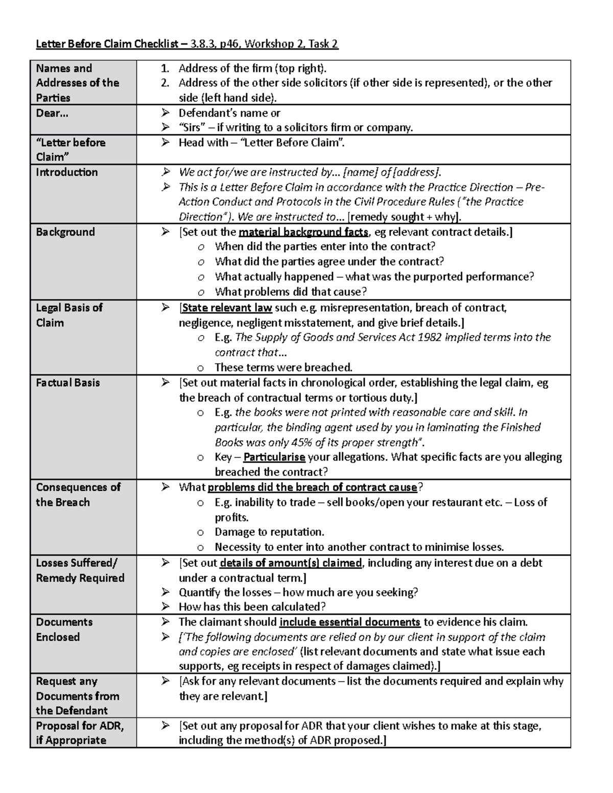 Letter Before Claim Checklist - 8, p46, Workshop 2, Task 2 Names and ...