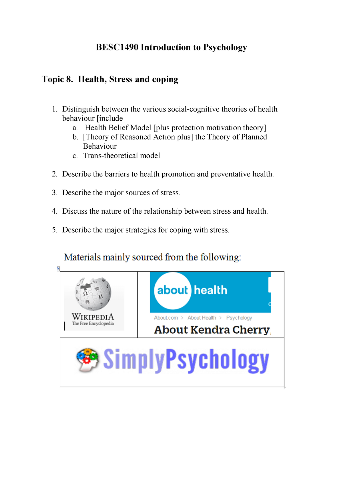 BESC1490 Topic 8 Health, Stress And Coping Study Notes-1 - BESC1490 ...