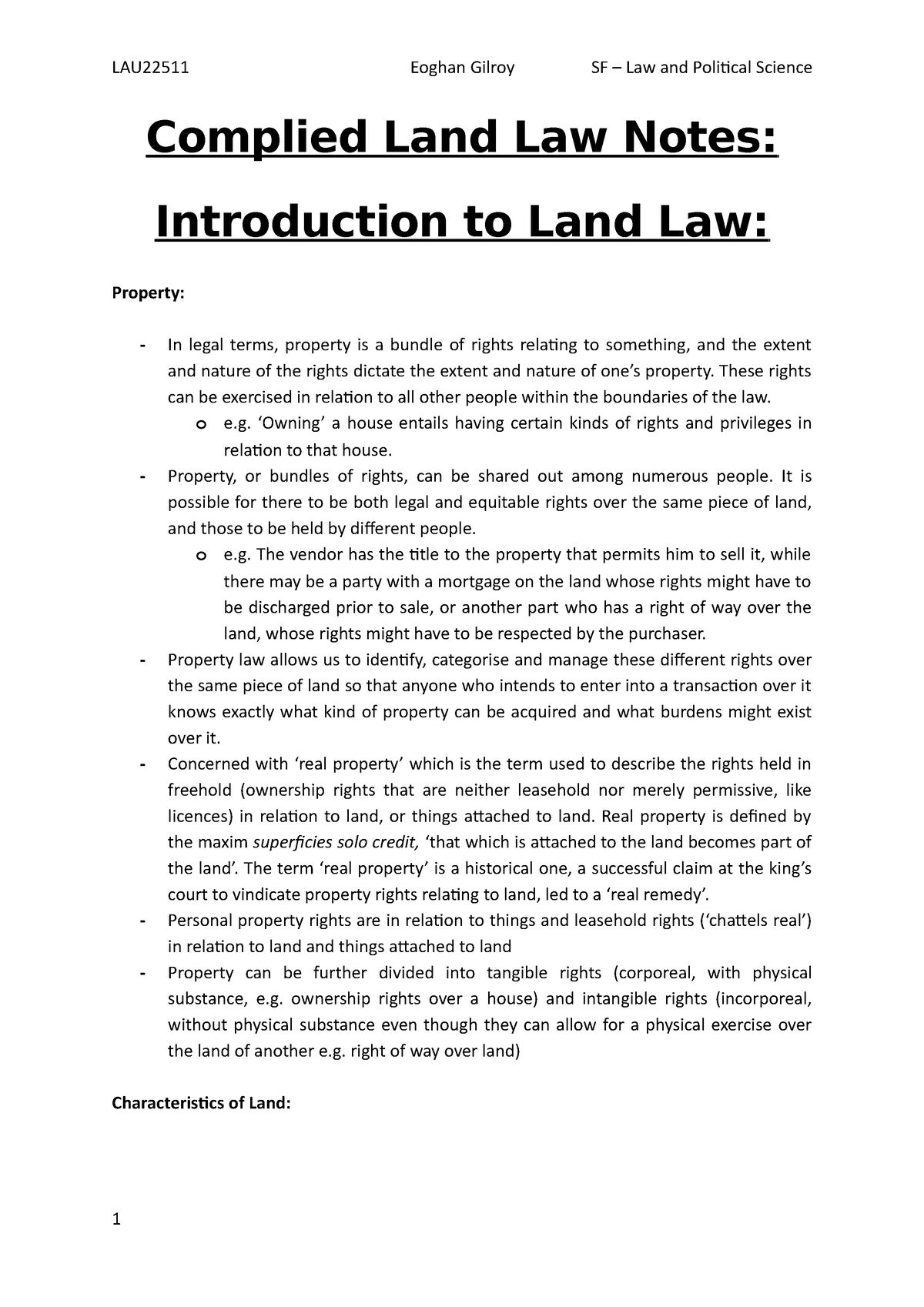 Complied Land Law Notes Complied Land Law Notes Introduction to Land Law Property In legal