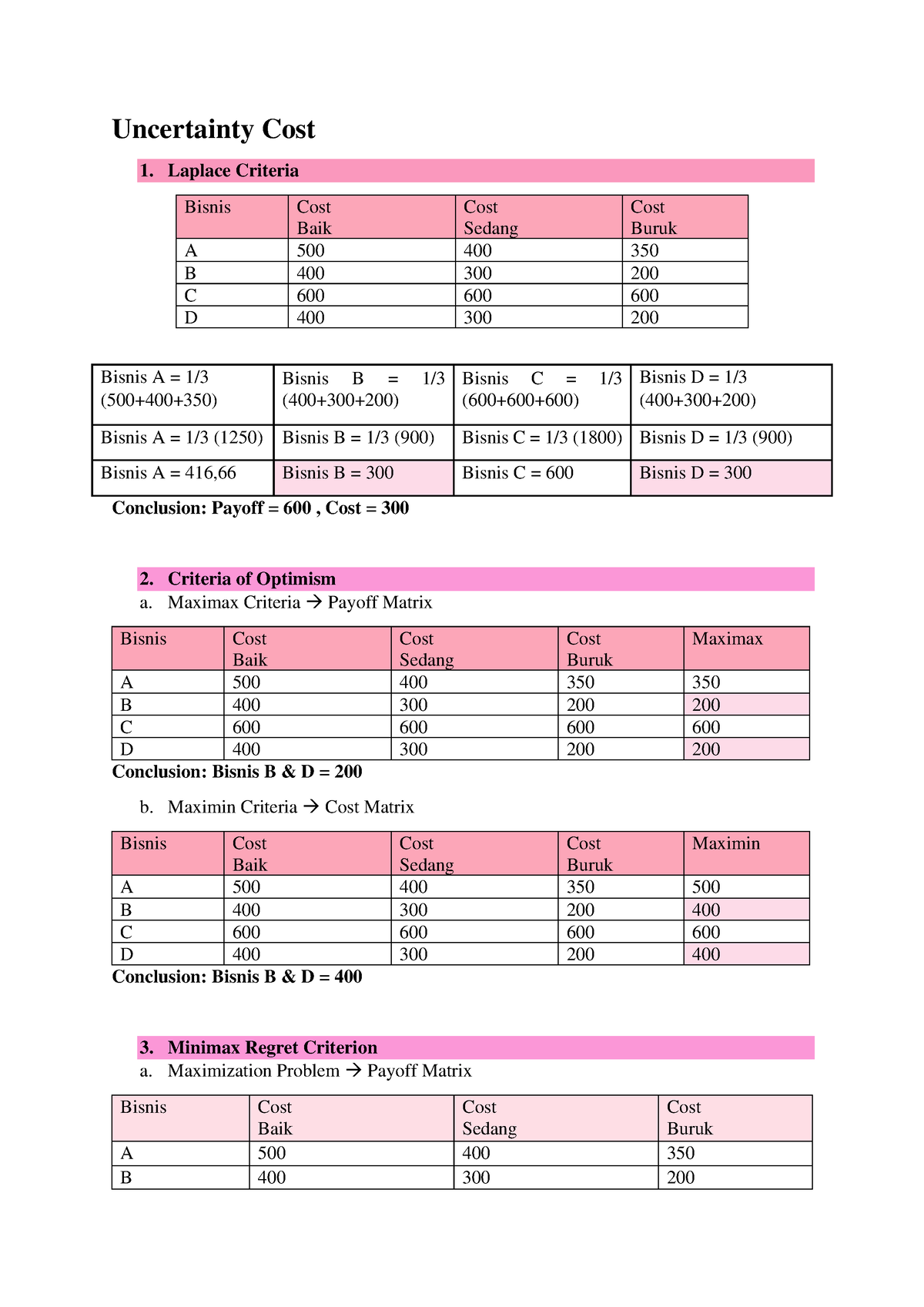 Matematika Ekonomi Uncertainty Cost - Uncertainty Cost Laplace Criteria ...