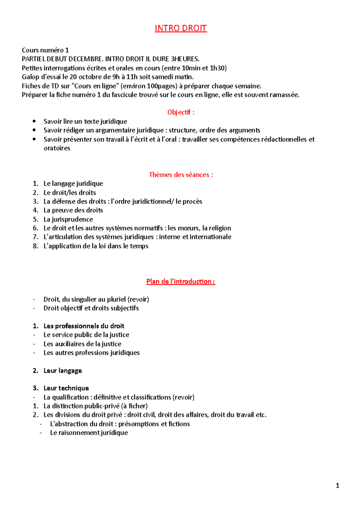 Intro Droit 1 - INTRO DROIT Cours numéro 1 PARTIEL DEBUT DECEMBRE ...