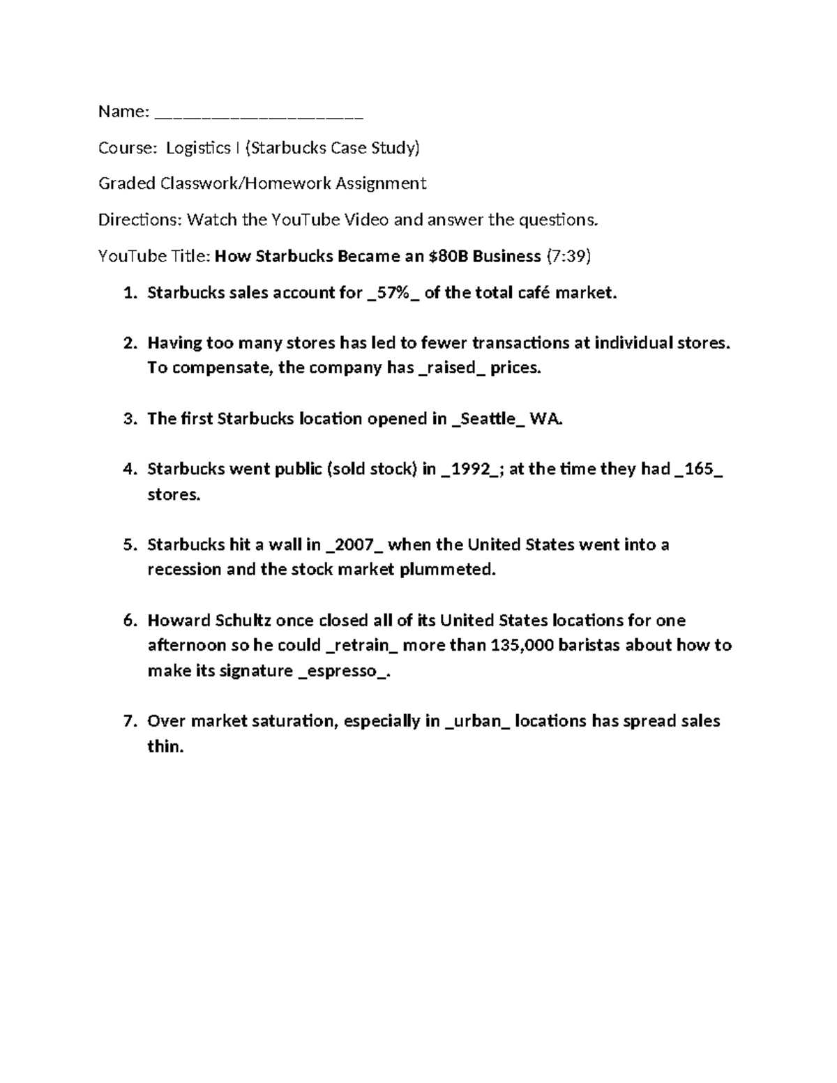 Starbucks Case Study Video Worksheet - Name ...