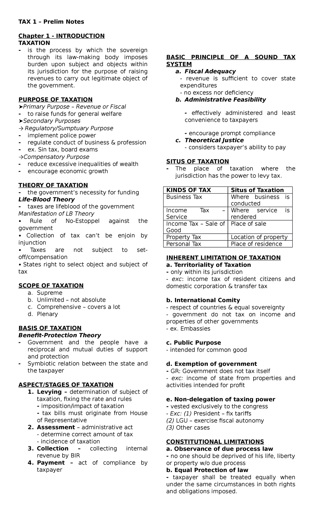 TAX1Prelim Notes General Principles - TAX 1 – Prelim Notes Chapter 1 ...