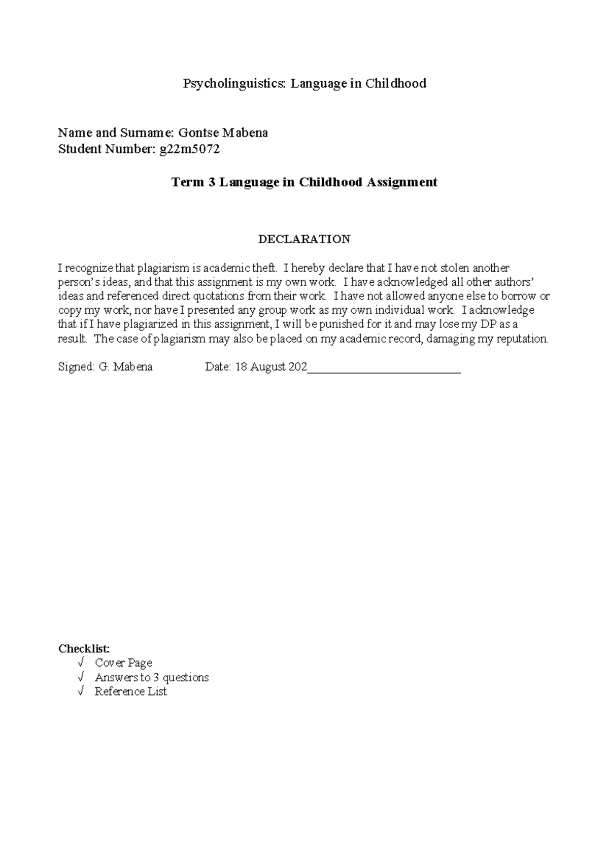 Assignment Language in Childhood - Psycholinguistics: Language in ...