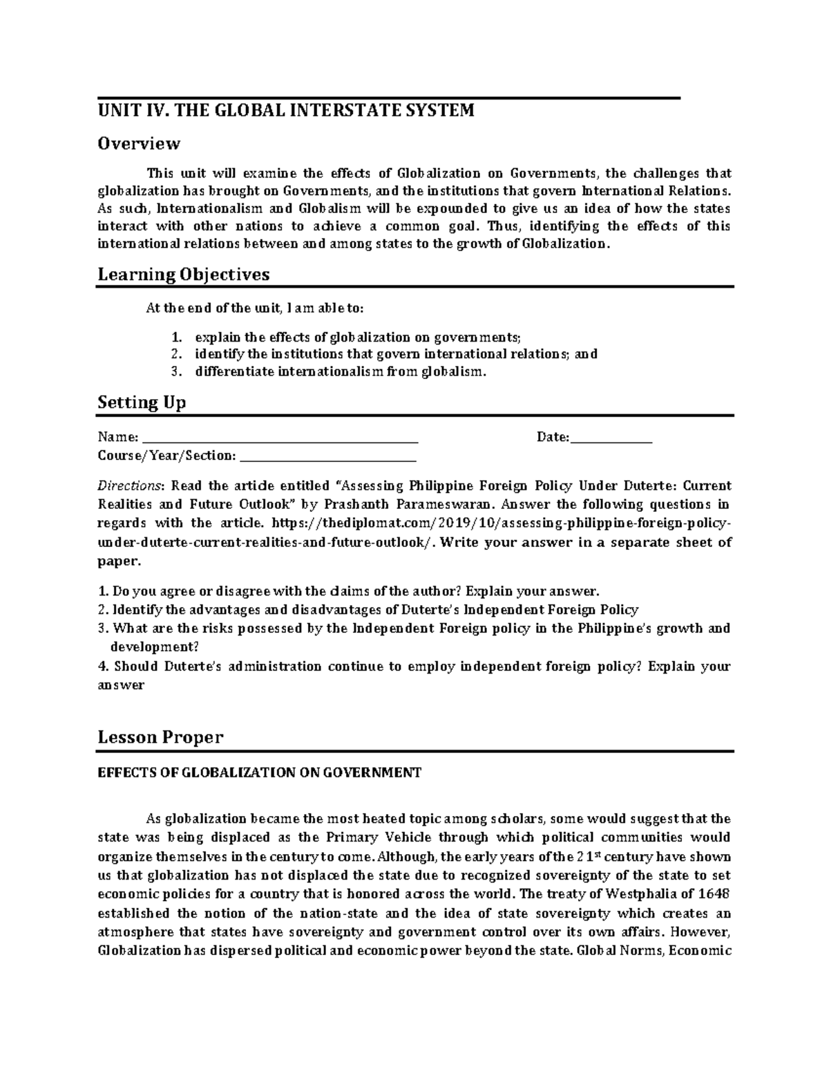 UNIT IV THE Global Interstate System - UNIT IV. THE GLOBAL INTERSTATE ...