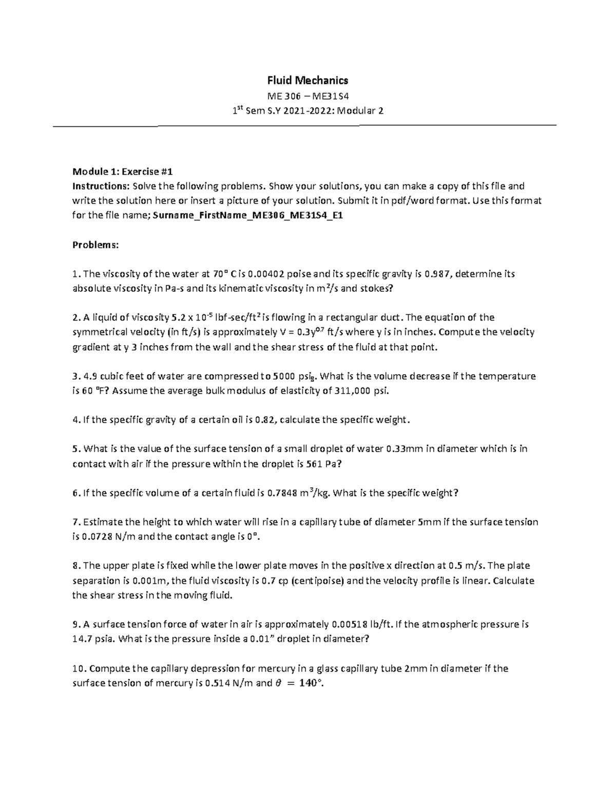 Fluid-Mechanics Exercise-1 - Fluid Mechanics ME 306 – ME31S 1 St Sem S ...