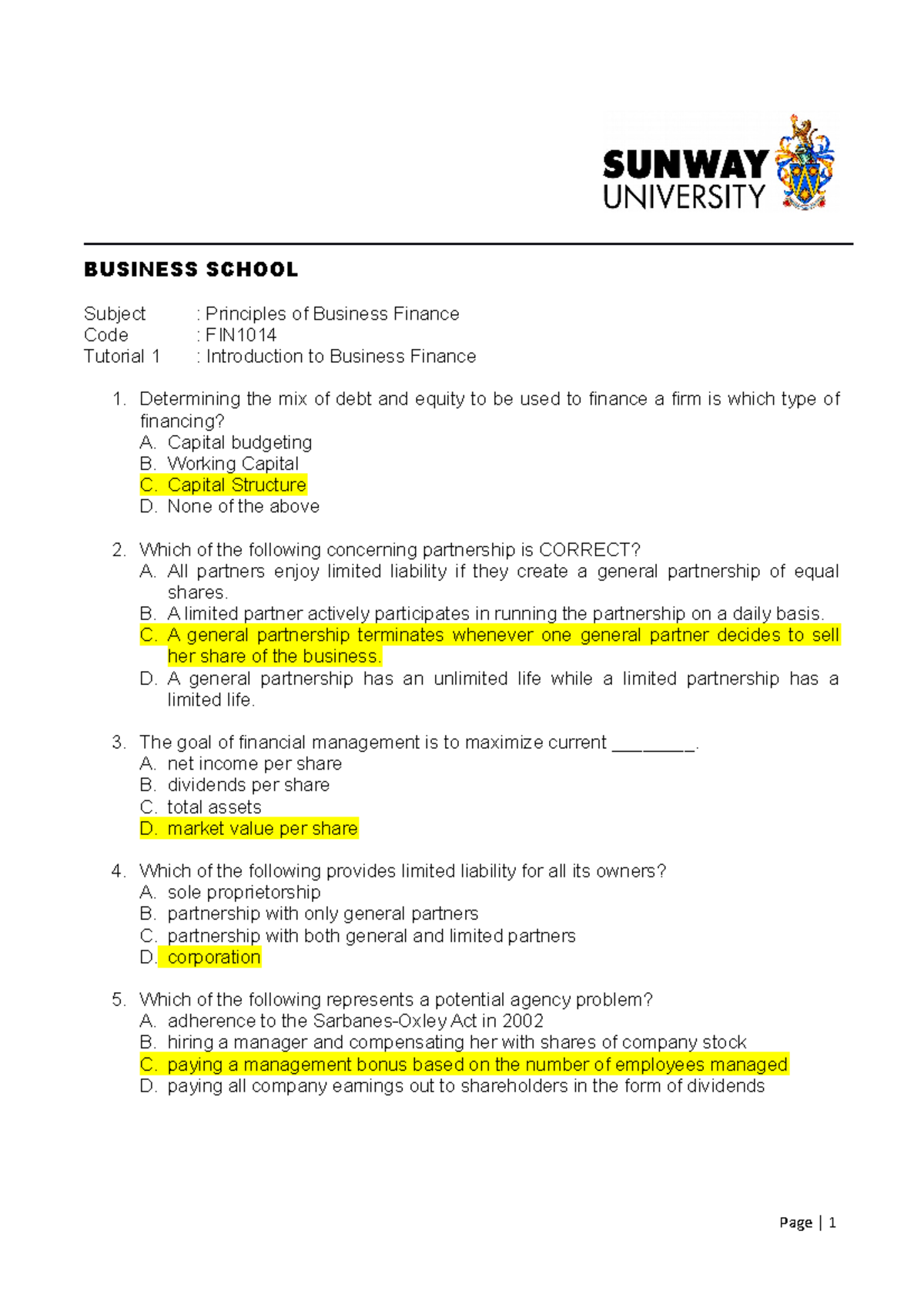 Tutorial 1 Introduction To Business Finance Student - BUSINESS SCHOOL ...