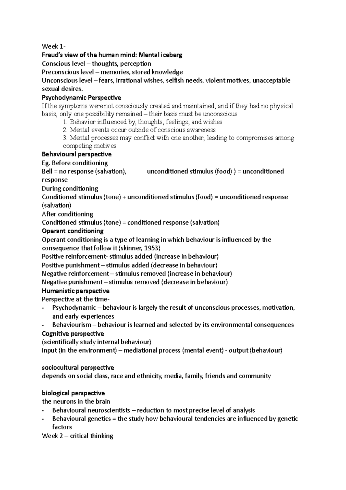Study notes psychology human behaviour - Week 1- Freud’s view of the ...