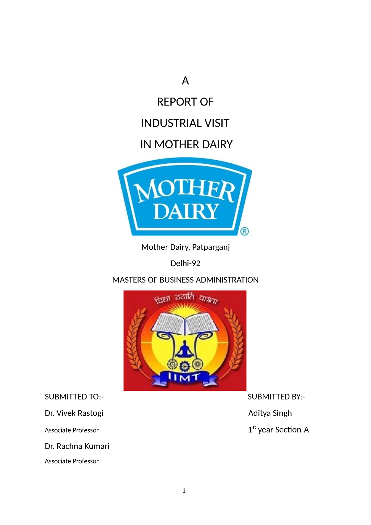 industrial visit report on mother dairy