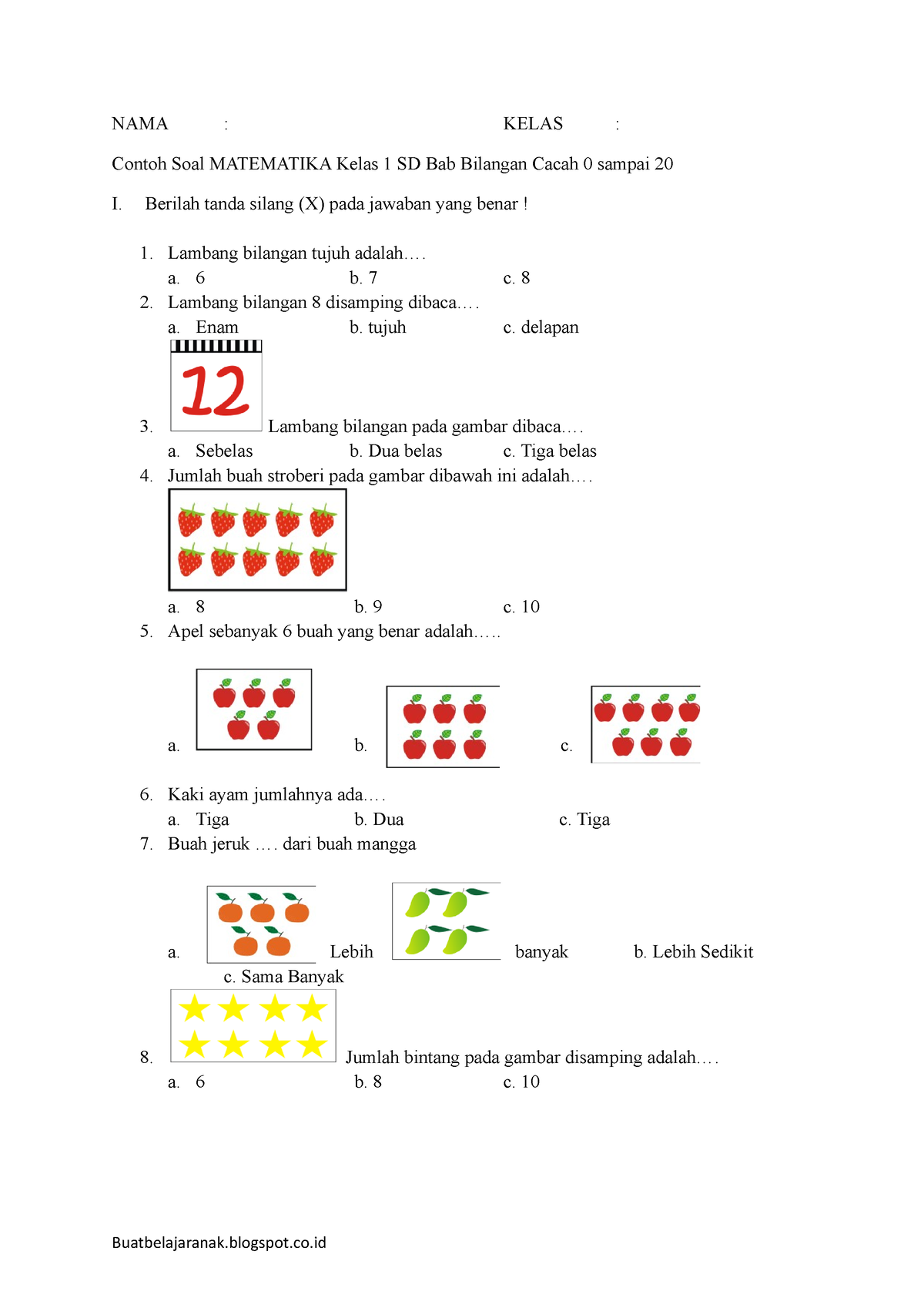 Latihan SOAL Kelas 1 SD - Berupa Soal Matematika Sd - NAMA : KELAS ...