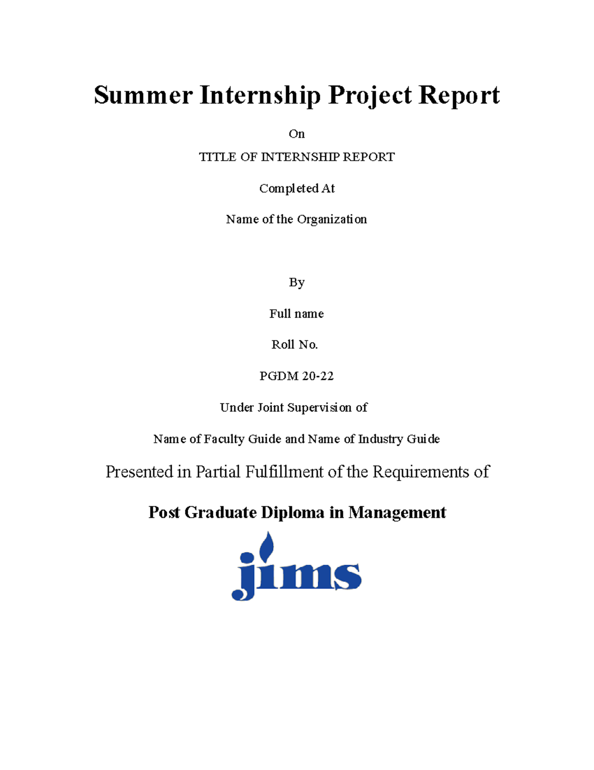 SIP Template JIMS PGDM21 23 - Summer Internship Project Report On TITLE ...