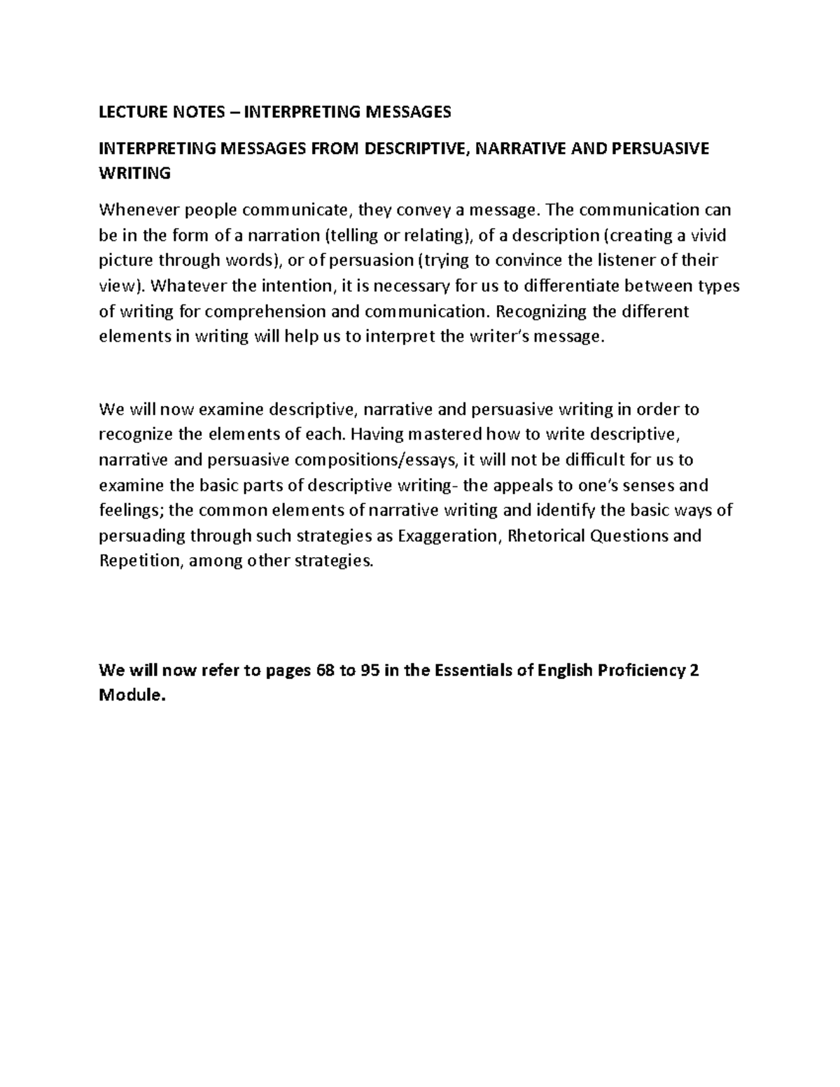Interpreting Messages - LECTURE NOTES – INTERPRETING MESSAGES ...