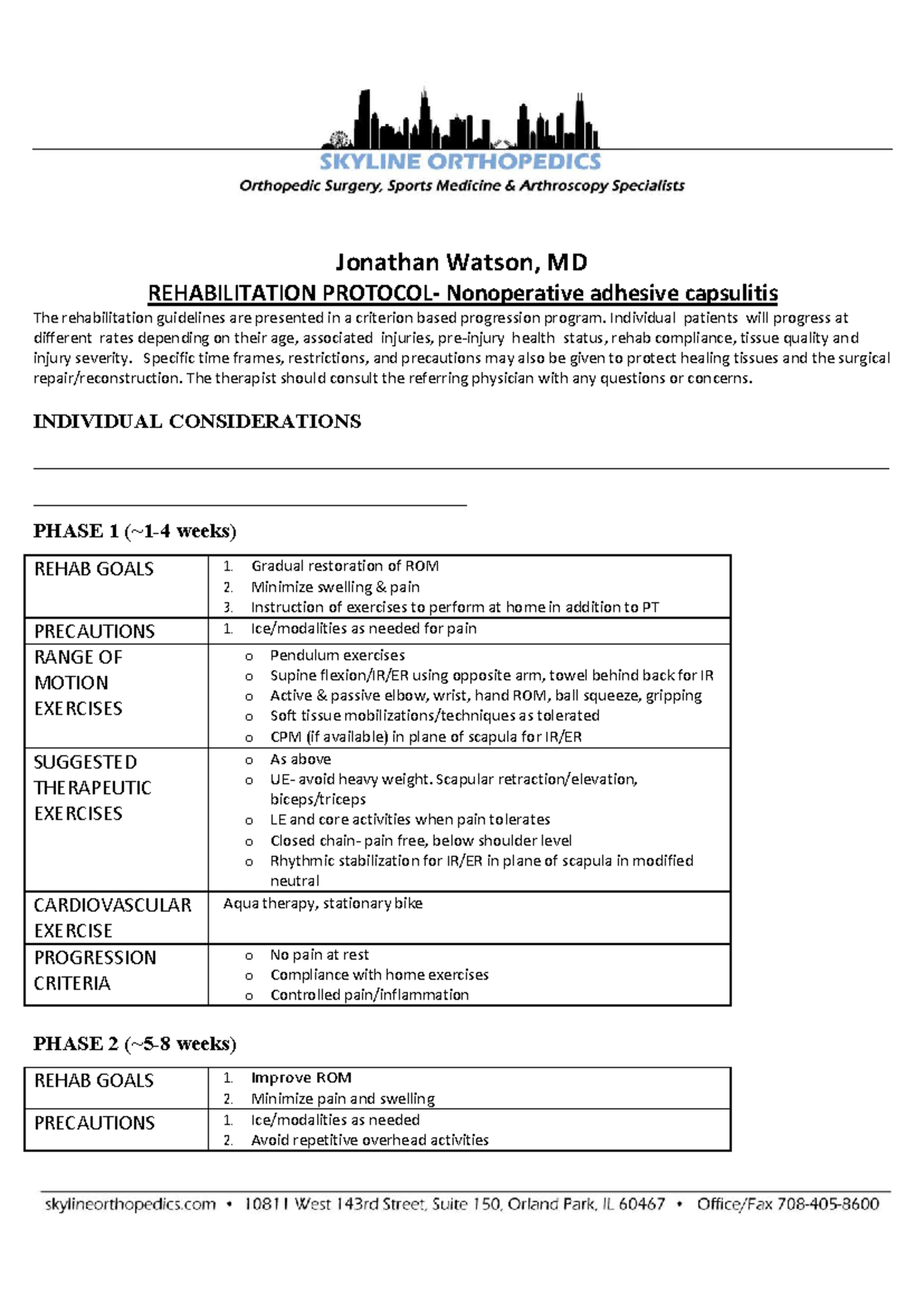 Pt nonop frozen shoulder - Jonathan Watson, MD REHABILITATION PROTOCOL ...