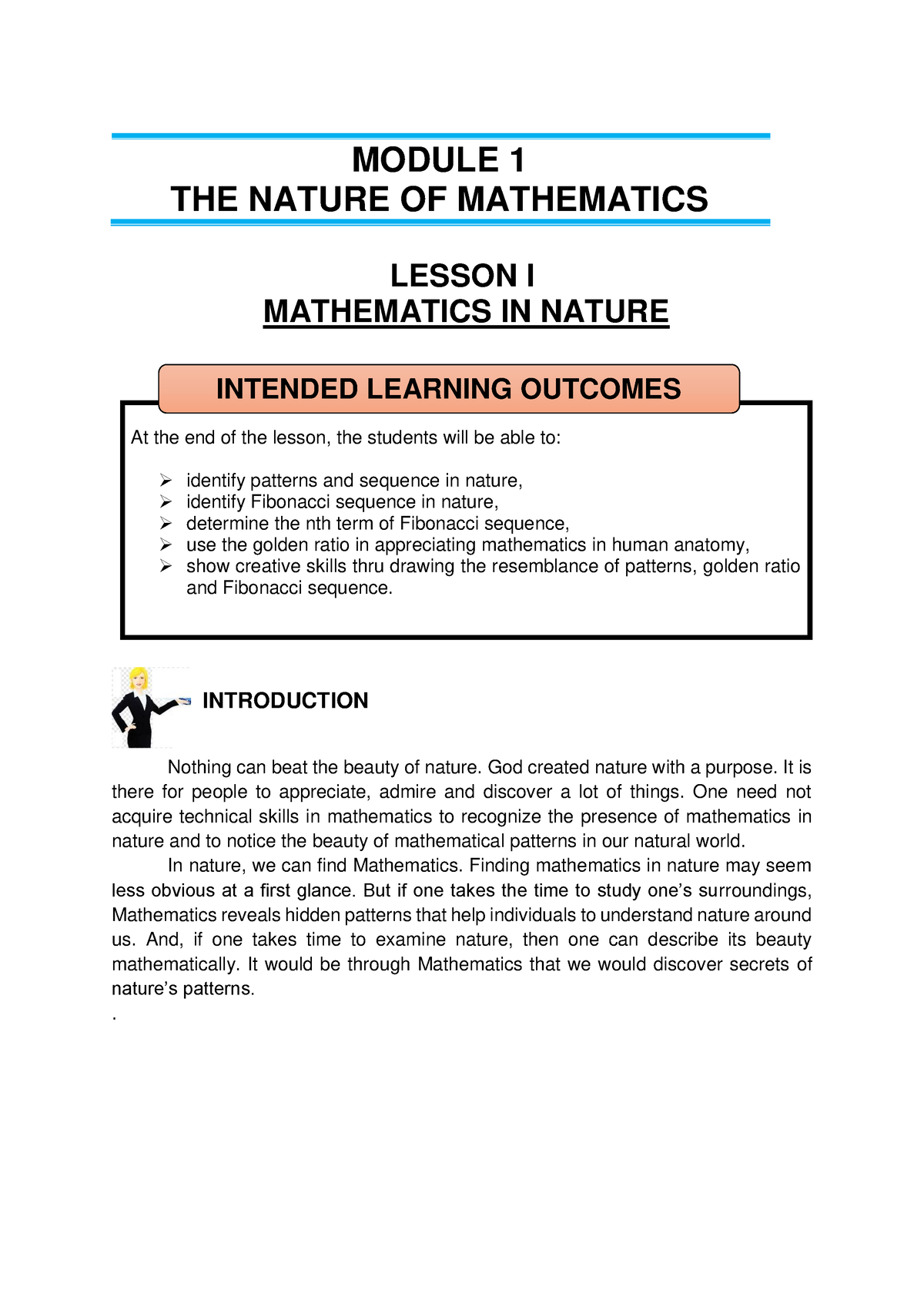 Module-1 - More - MODULE 1 THE NATURE OF MATHEMATICS LESSON I