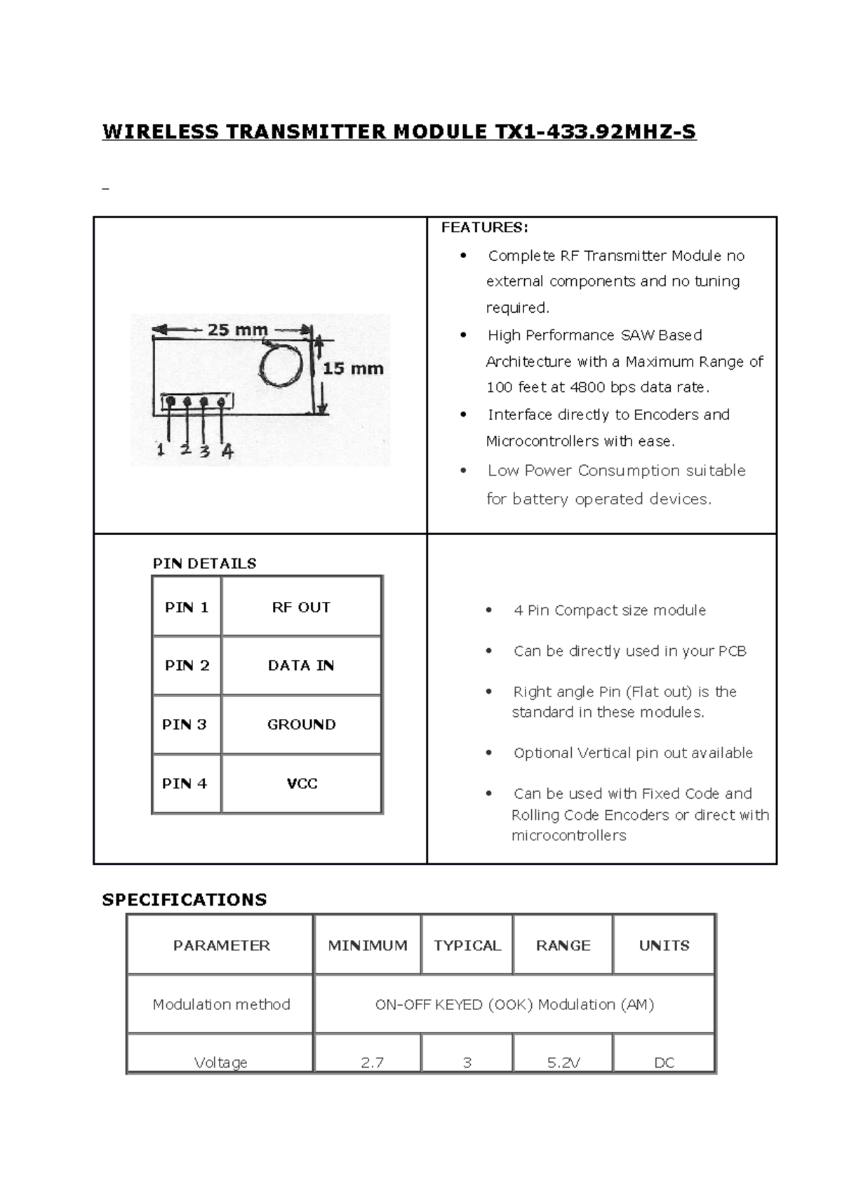 Wireless Transmitter Module Tx1 1 - WIRELESS TRANSMITTER MODULE TX1-433 ...