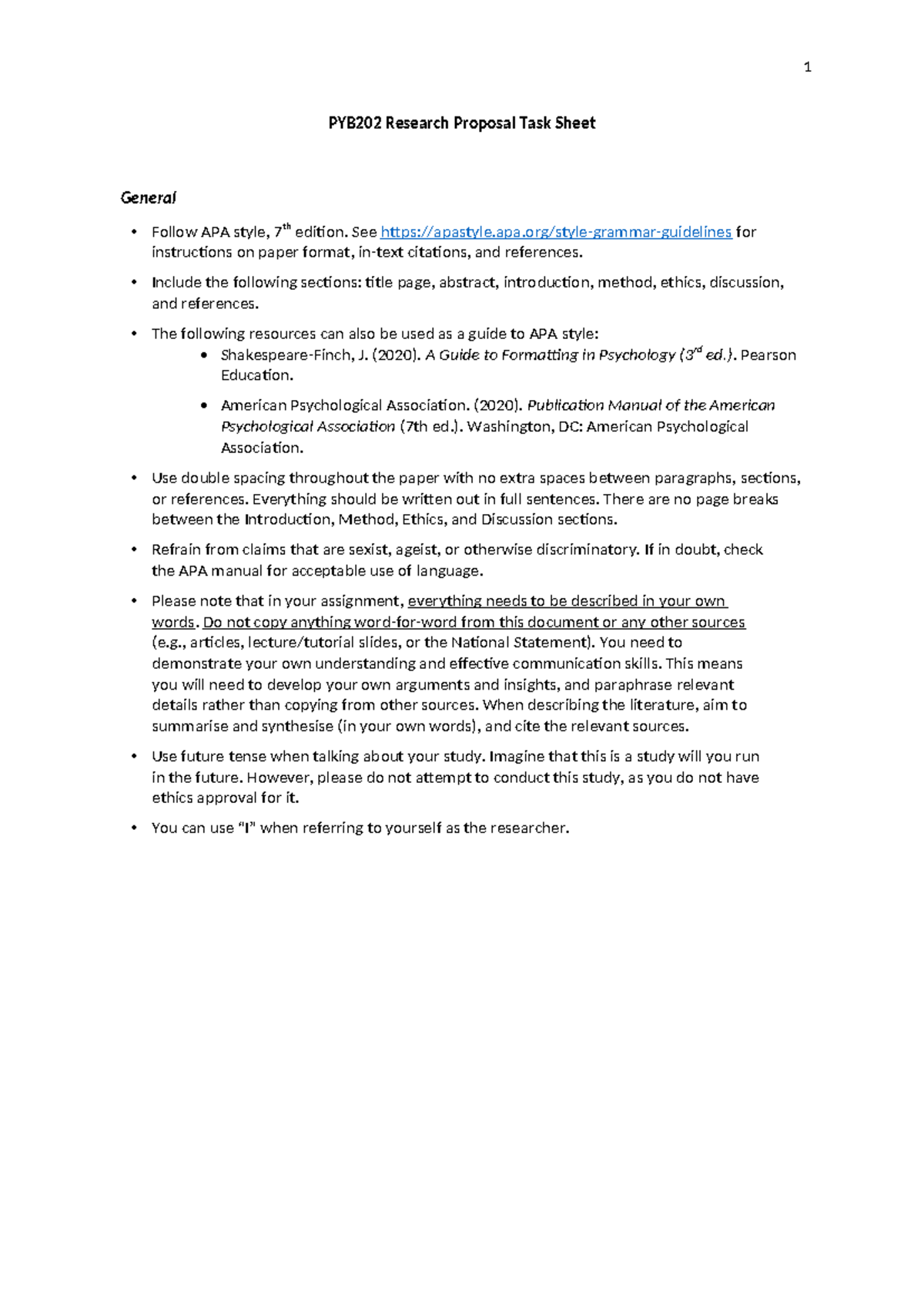 PYB202 general - 1 PYB202 Research Proposal Task Sheet General Follow ...