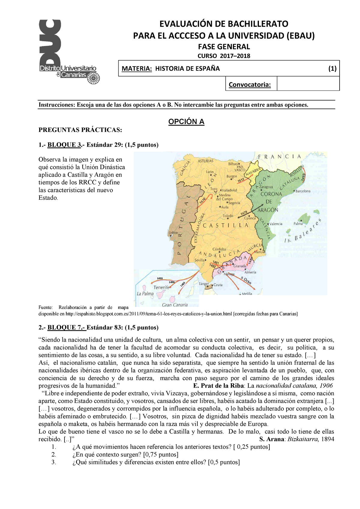 Examen Historia Espana Ebau 2018 - EVALUACIÓN DE BACHILLERATO PARA EL ...