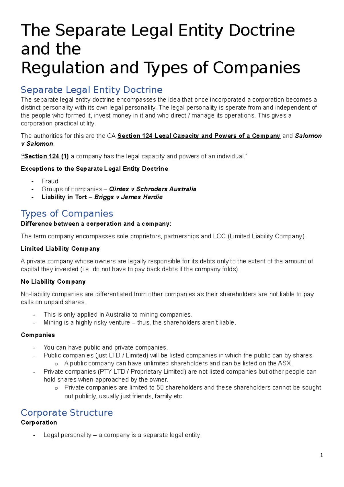 Corporations Summary Notes - The Separate Legal Entity Doctrine and the ...