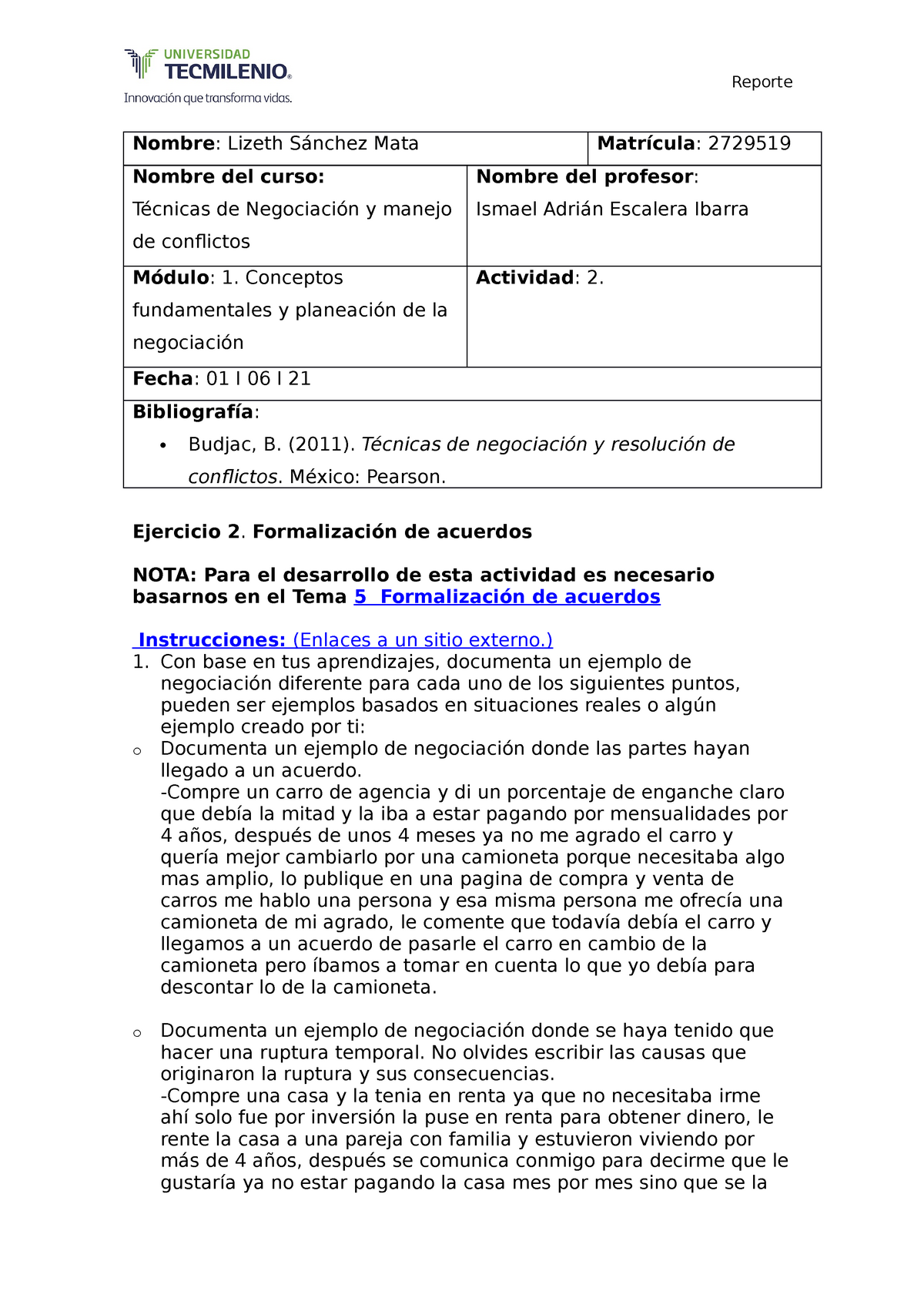 Ejercicio 2 Tecnicas Técnicas De Negociación Y Manejo De Conflictos Reporte Nombre Lizeth 5510