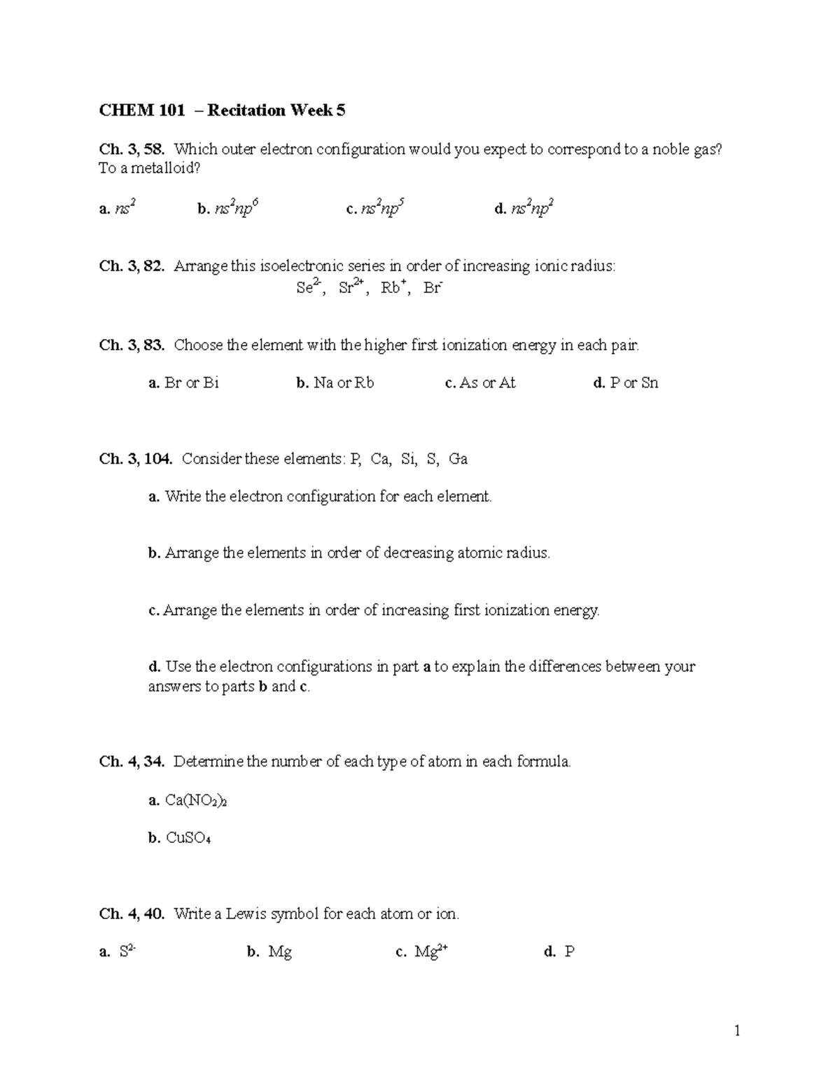 CHEM 101 Recitation Week 5 - CHEM 101 – Recitation Week 5 Ch. 3, 58 ...