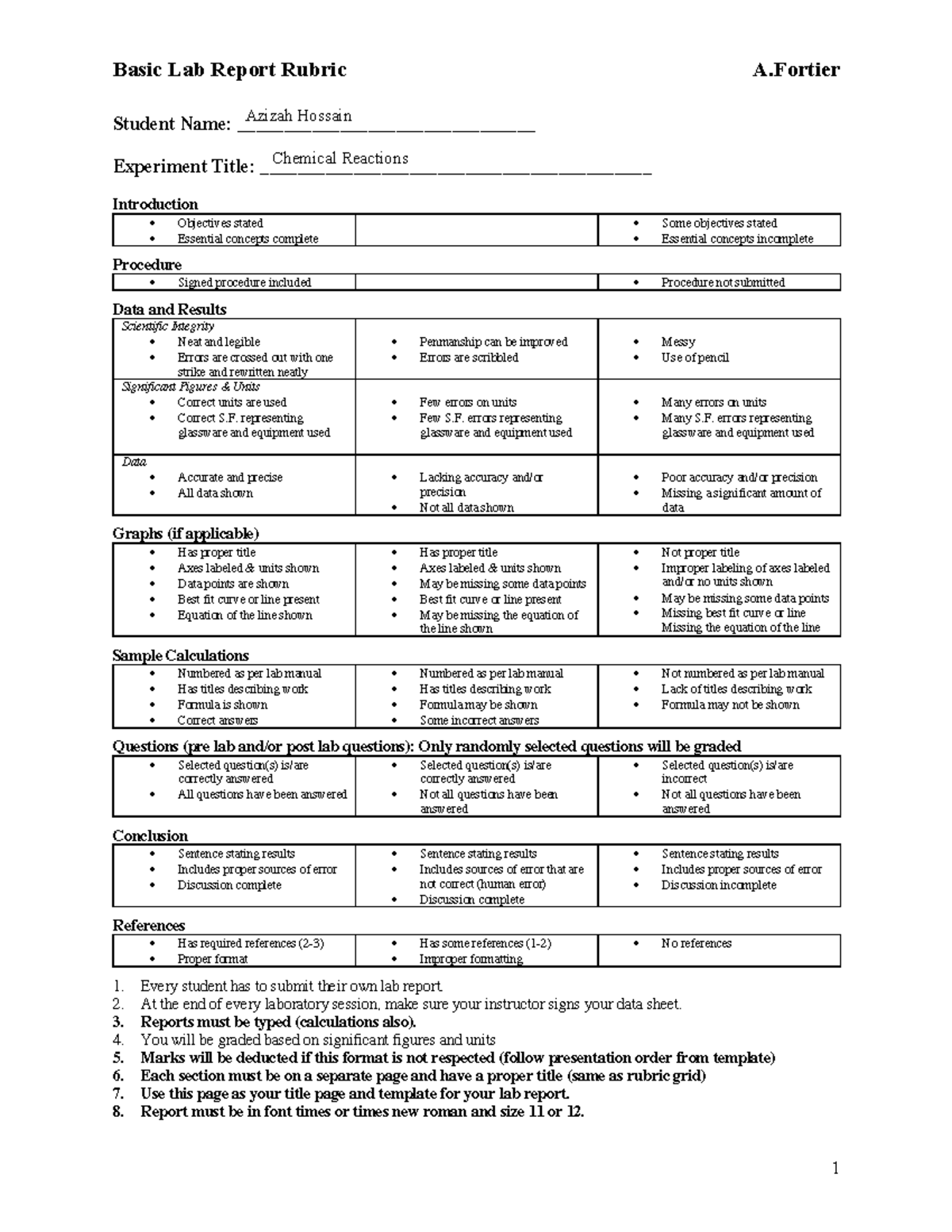 Lab Report 3 Chemical Reactions Basic Lab Report Rubric A Student