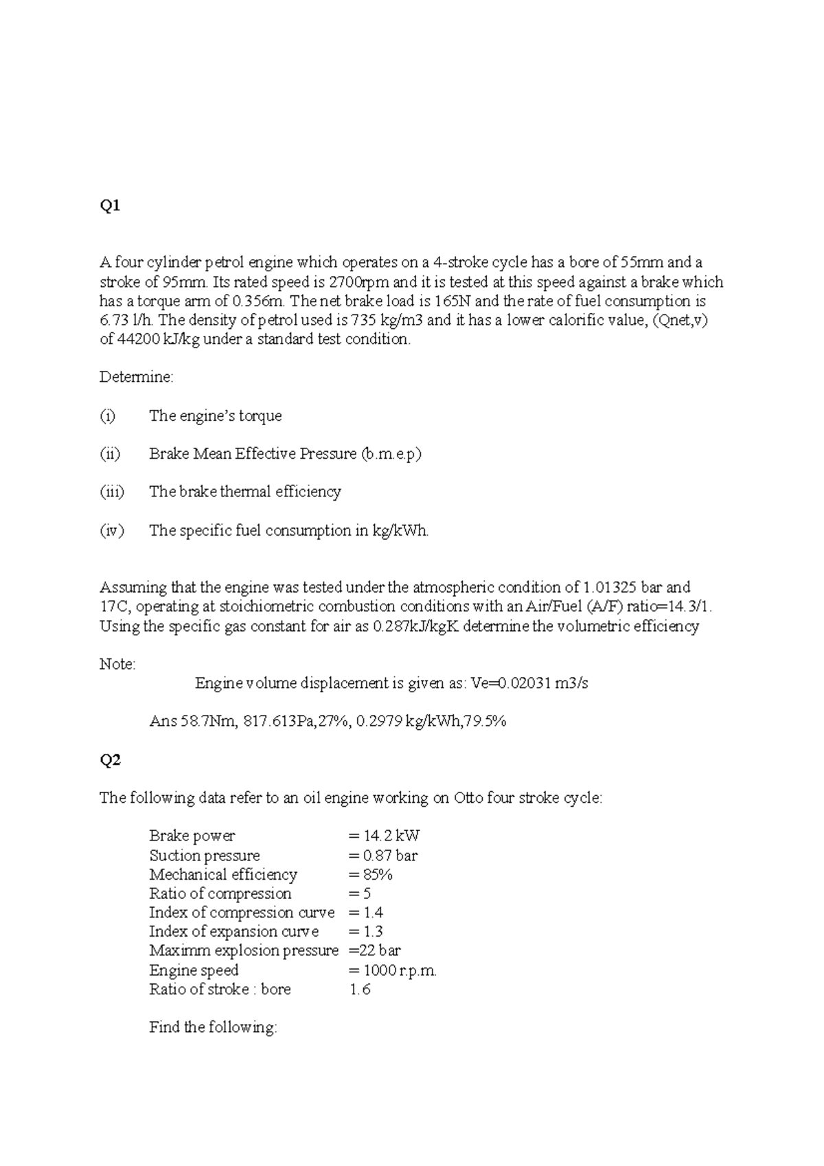 Dieselworkedexamples Q A four cylinder petrol engine which operates