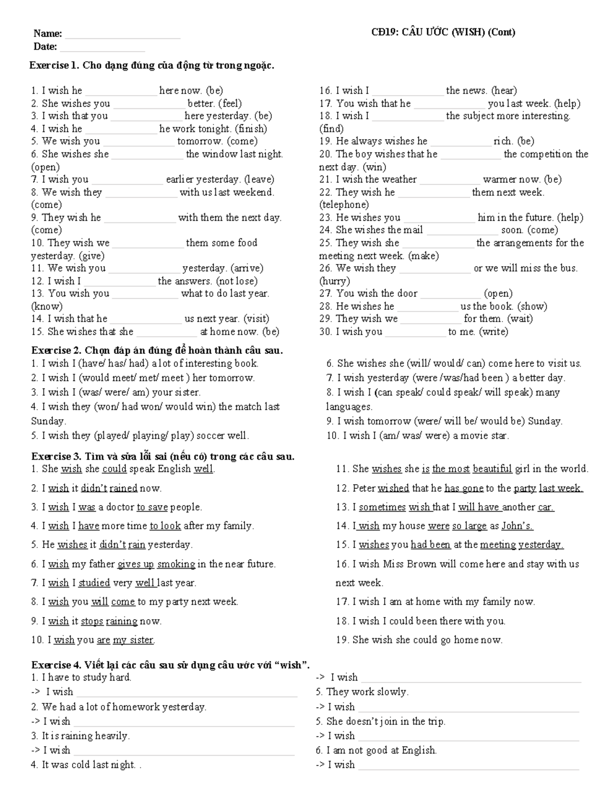 CD 18 Wish cont - Wish sentence form - English Grammar - Name ...