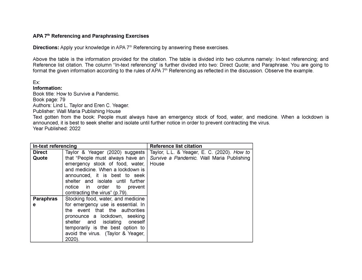 APA 7th Referencing And Paraphrasing Exercise - APA 7th Referencing And ...