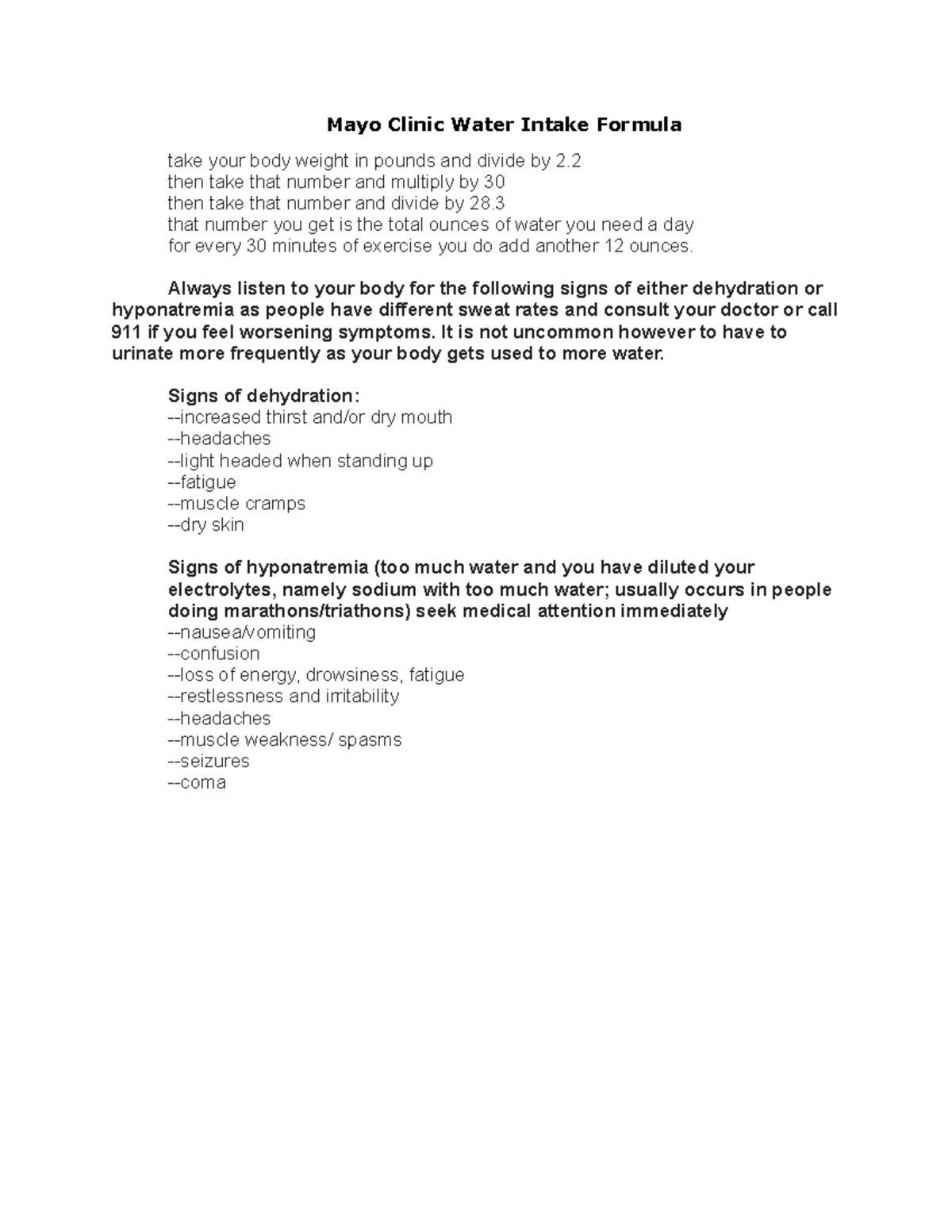 mayo clinic water intake formula Mayo Clinic Water Intake Formula