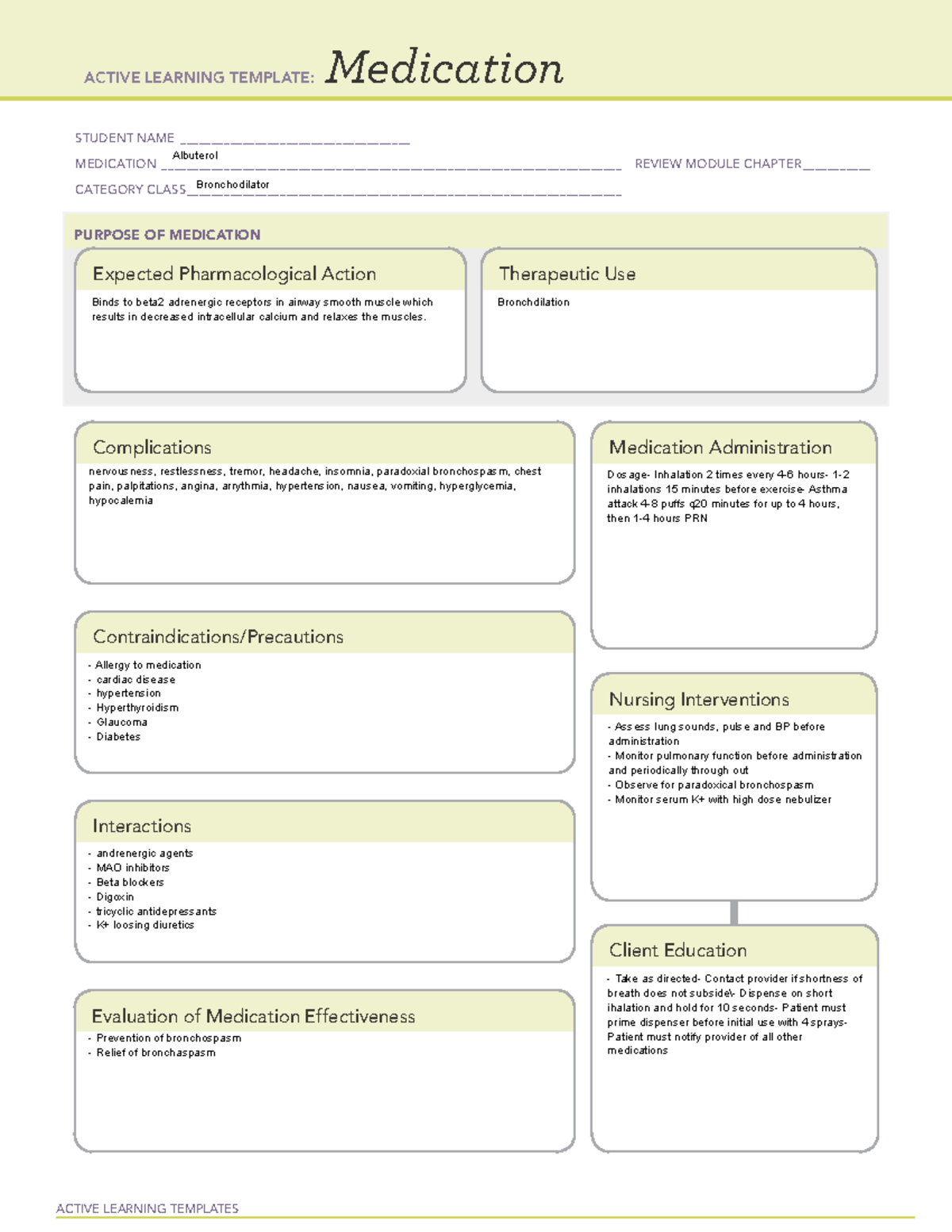 Albuterol - ACTIVE LEARNING TEMPLATES Medication STUDENT NAME