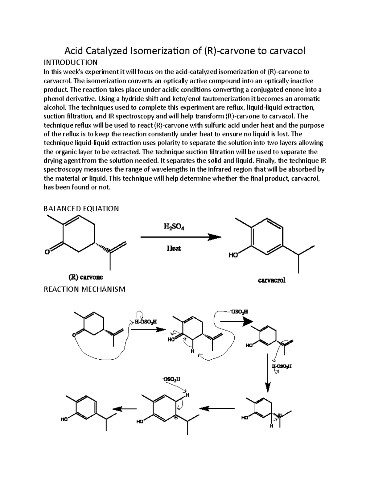 conversion of carvone to carvacrol - Acid Catalyzed Isomerization of (R ...