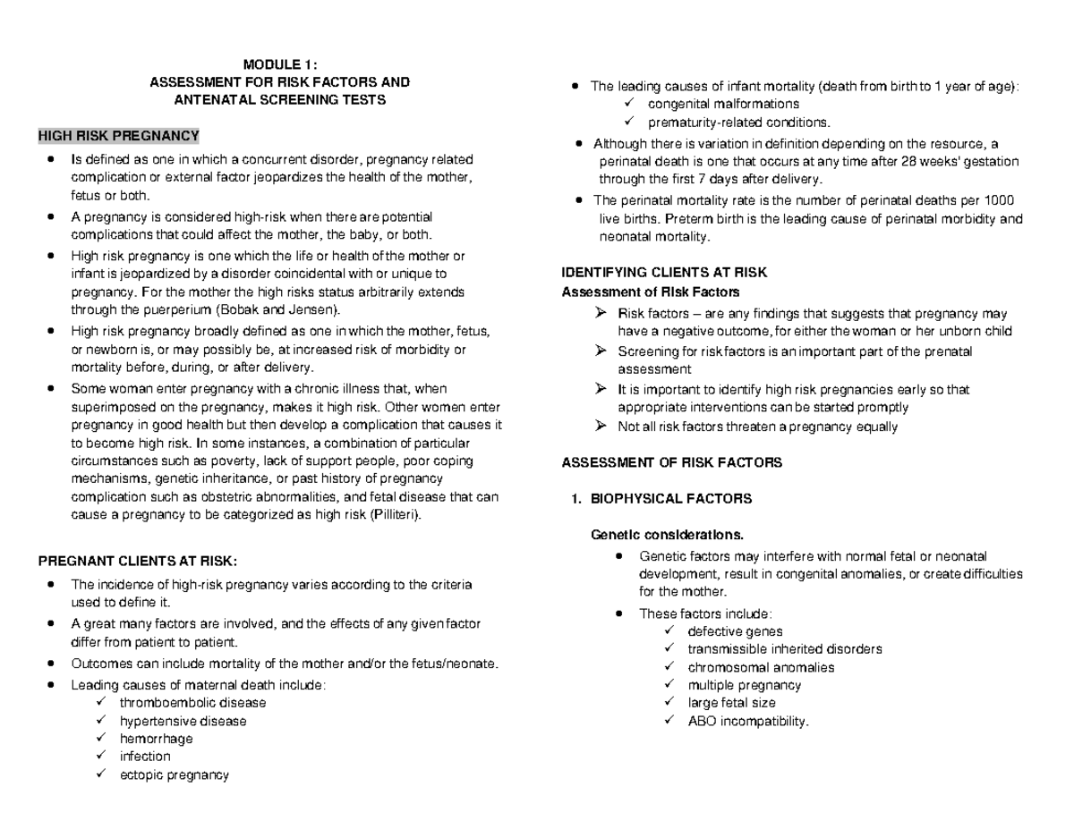 OB- Reviewer - MODULE 1: ASSESSMENT FOR RISK FACTORS AND ANTENATAL ...