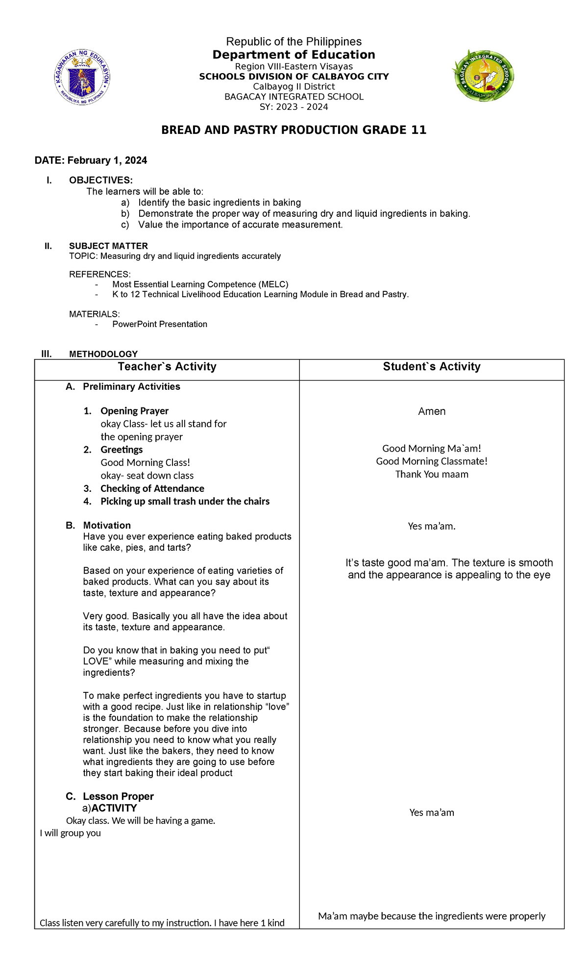 Bpp - 1 - lesson plan - BREAD AND PASTRY PRODUCTION GRADE 11 Republic ...