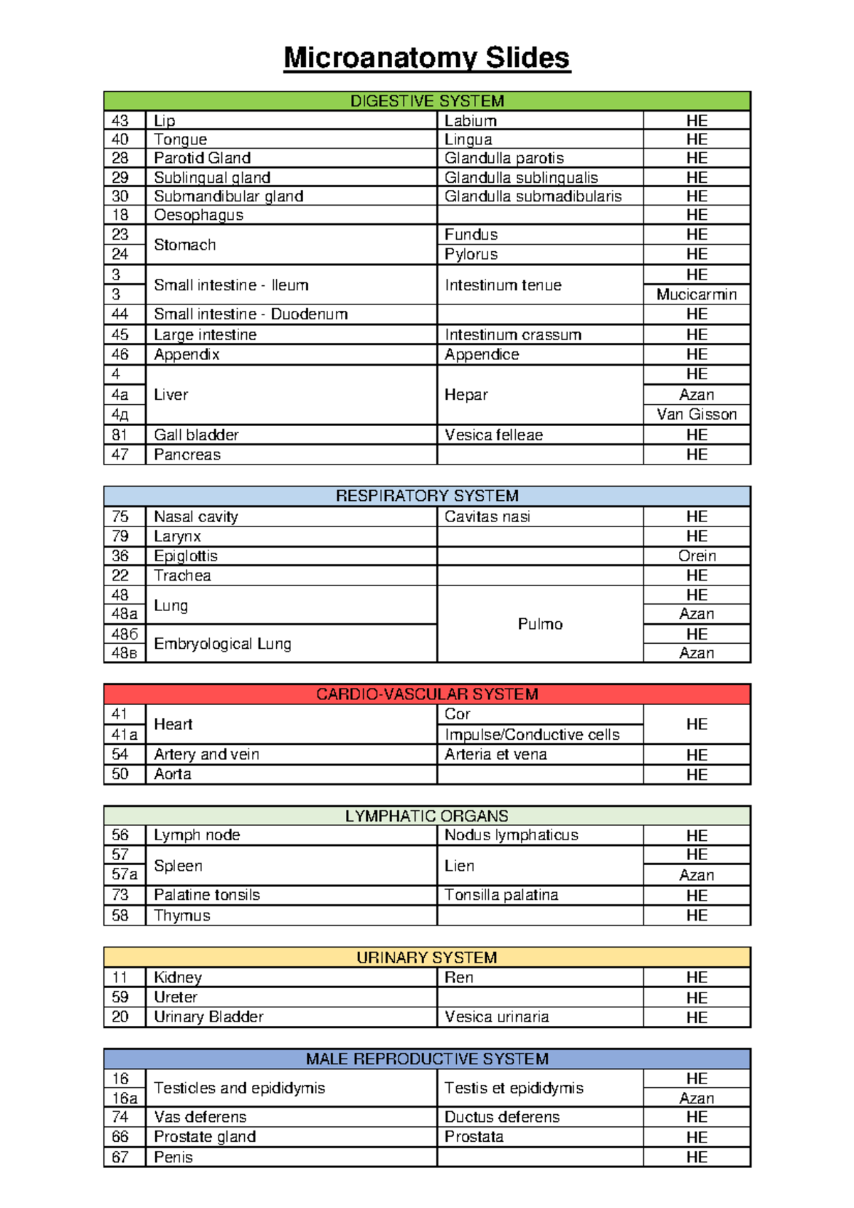 Microanatomy Slides List - Microanatomy Slides 43 40 28 29 30 18 23 24 ...