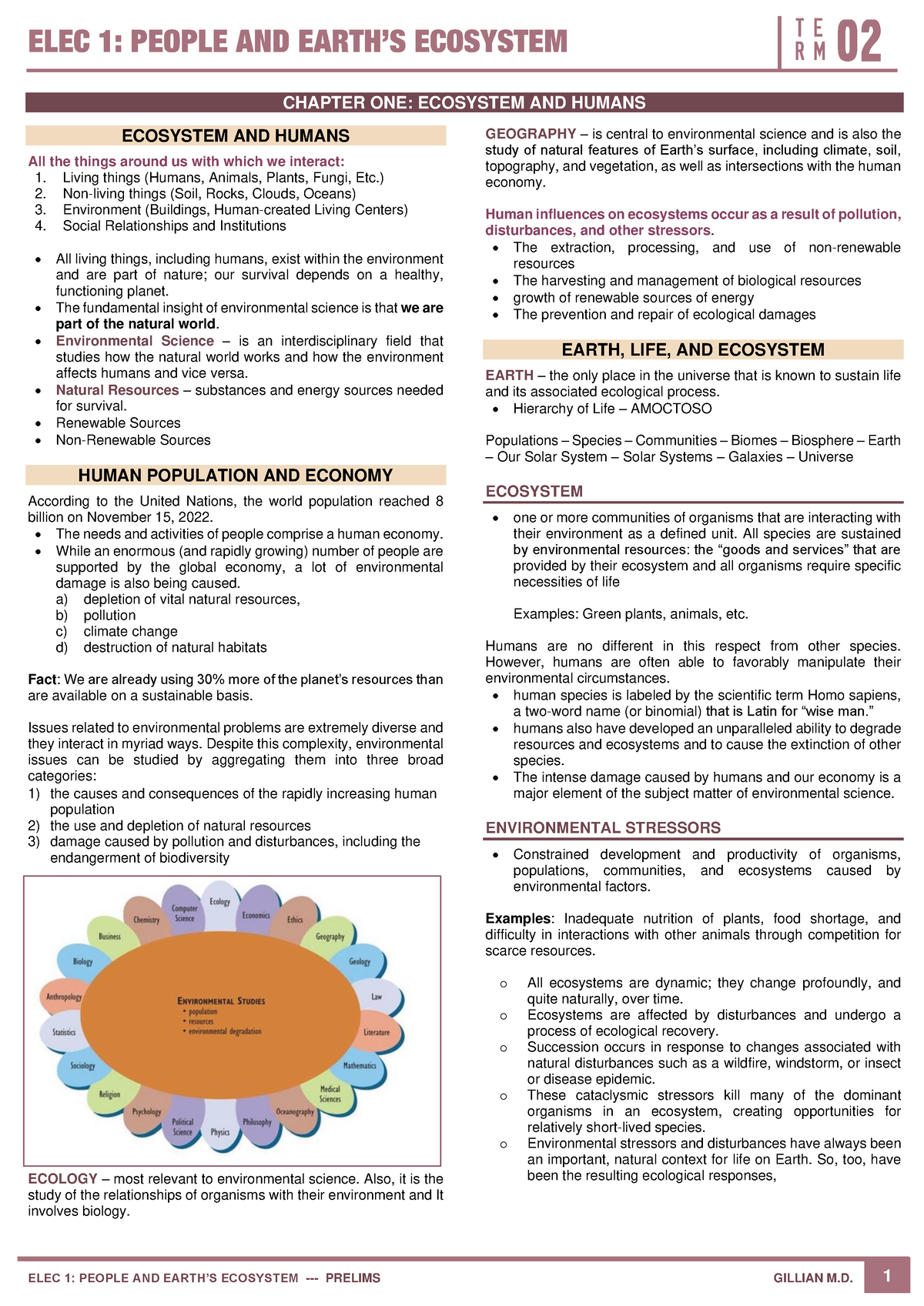 CH 1 Ecosystem AND Humans - ELEC 1: PEOPLE AND EARTH’S ECOSYSTEM ...