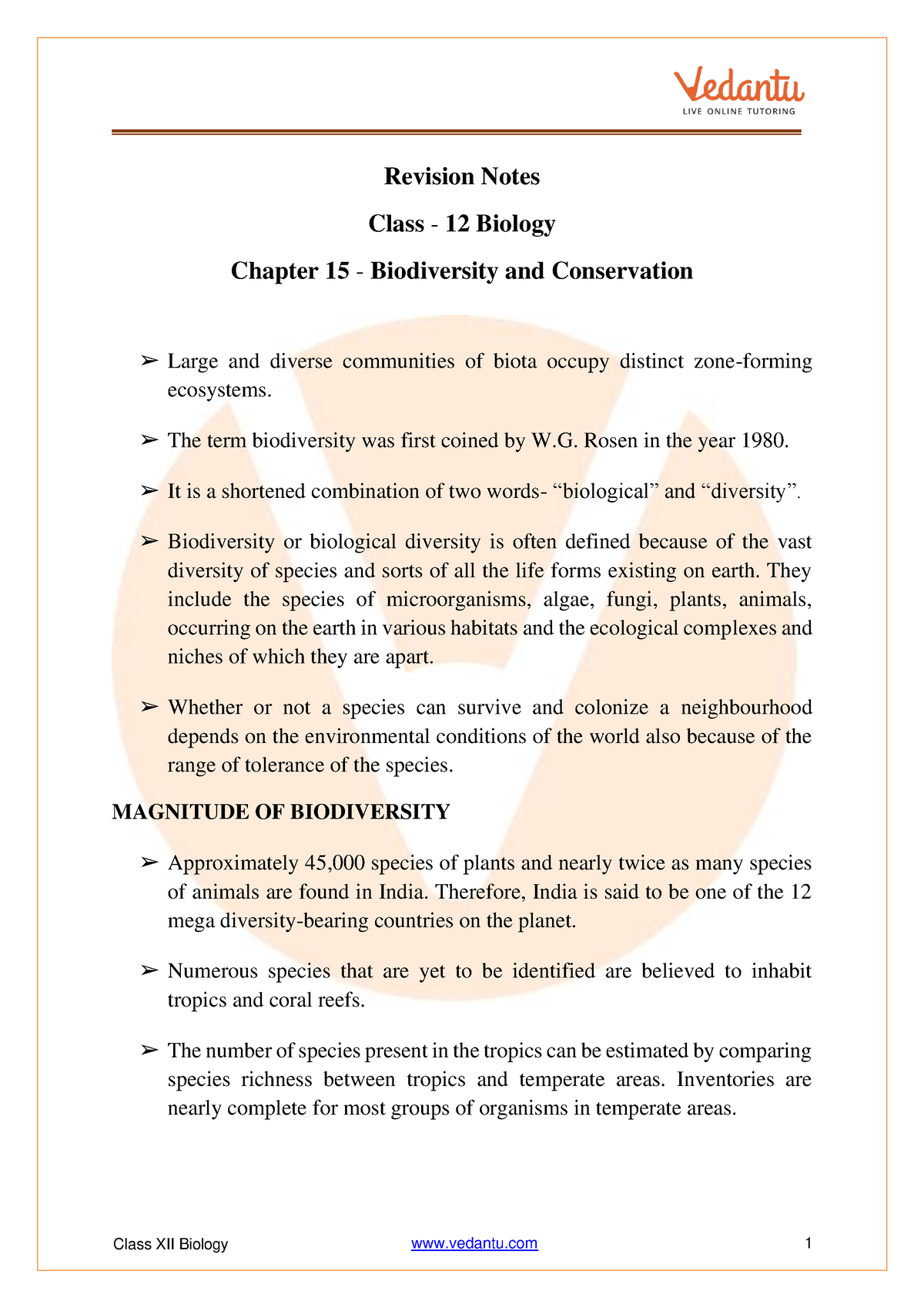 Biodiversity And Conservation Class 12 Short Notes