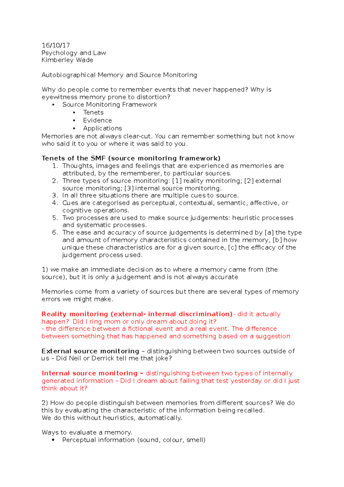 Lecture 1 week 3 notes - 16/10/ Psychology and Law Kimberley Wade ...