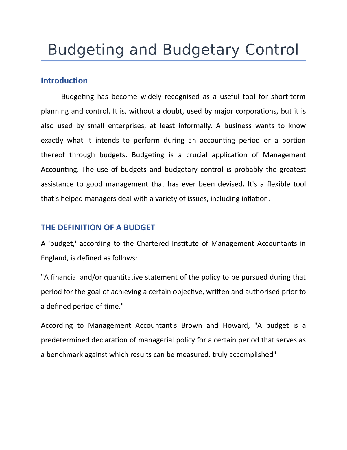 term paper on budgetary control