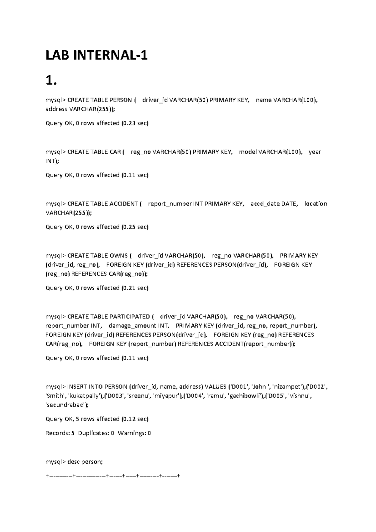 LAB Internal - lab question and answers - LAB INTERNAL- 1. mysql ...