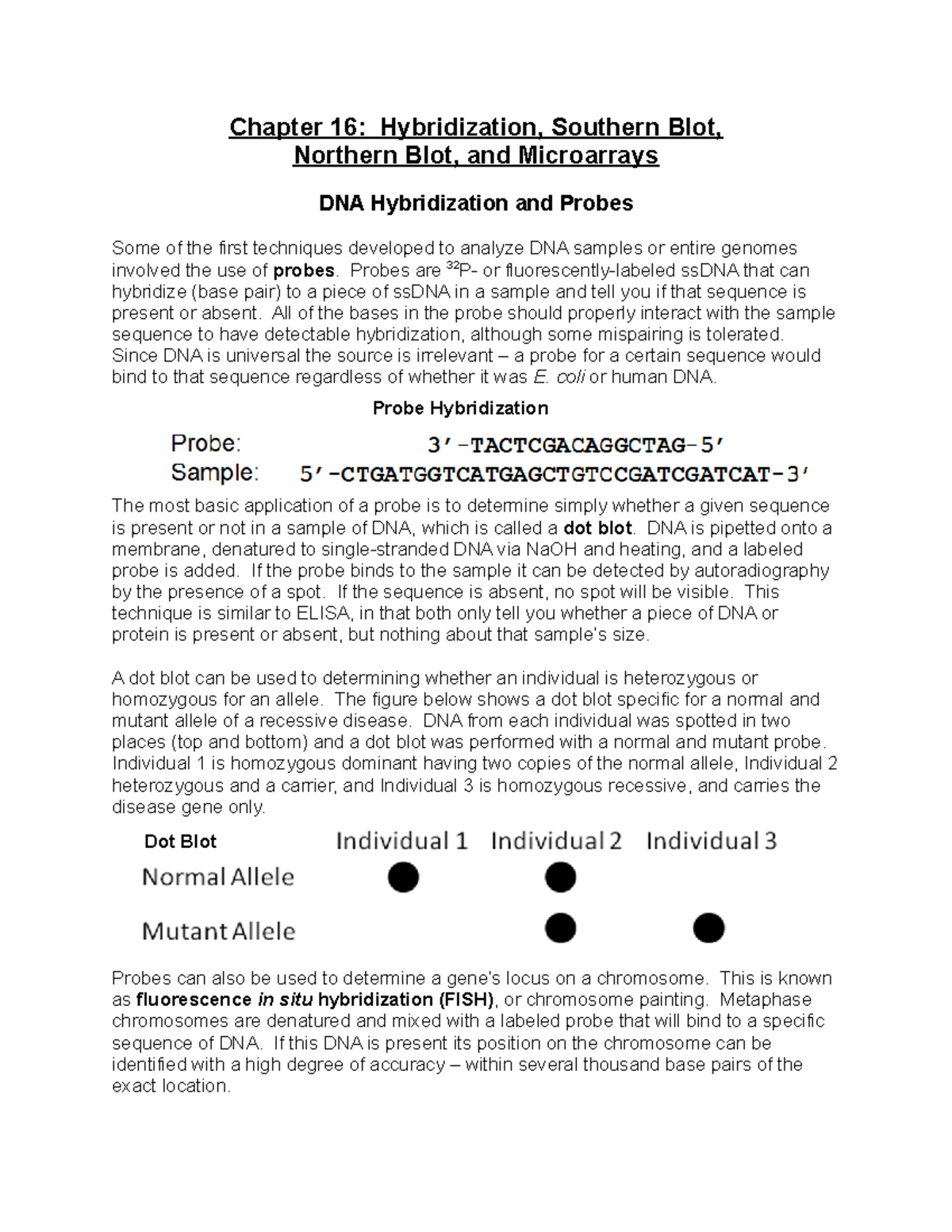 Quiz 11 Chapter 16 Hybridization, Southern Blot, Northern Blot, and