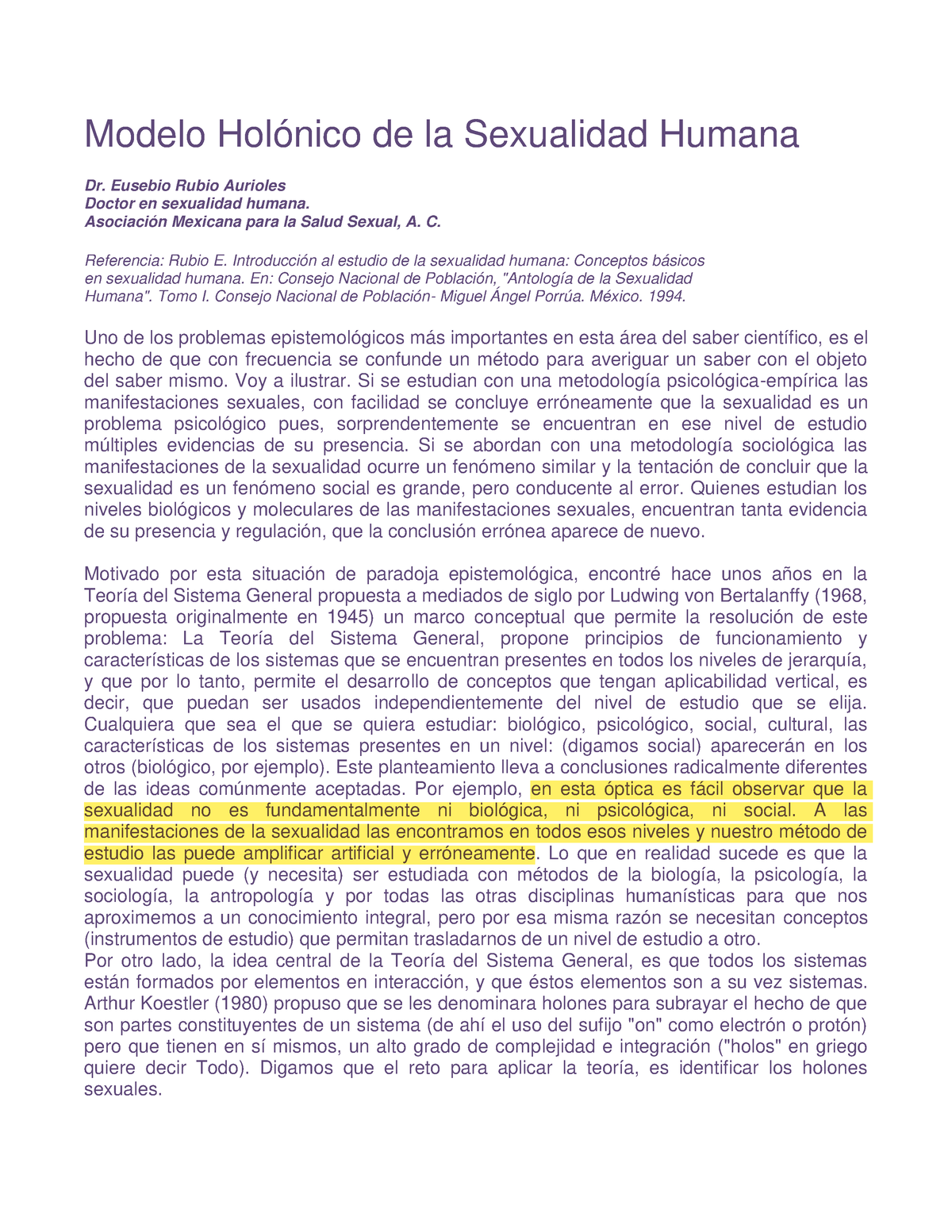 07 Modelo Holonico de la Sexualidad Humana - Modelo Holónico de la  Sexualidad Humana Dr. Eusebio - Studocu