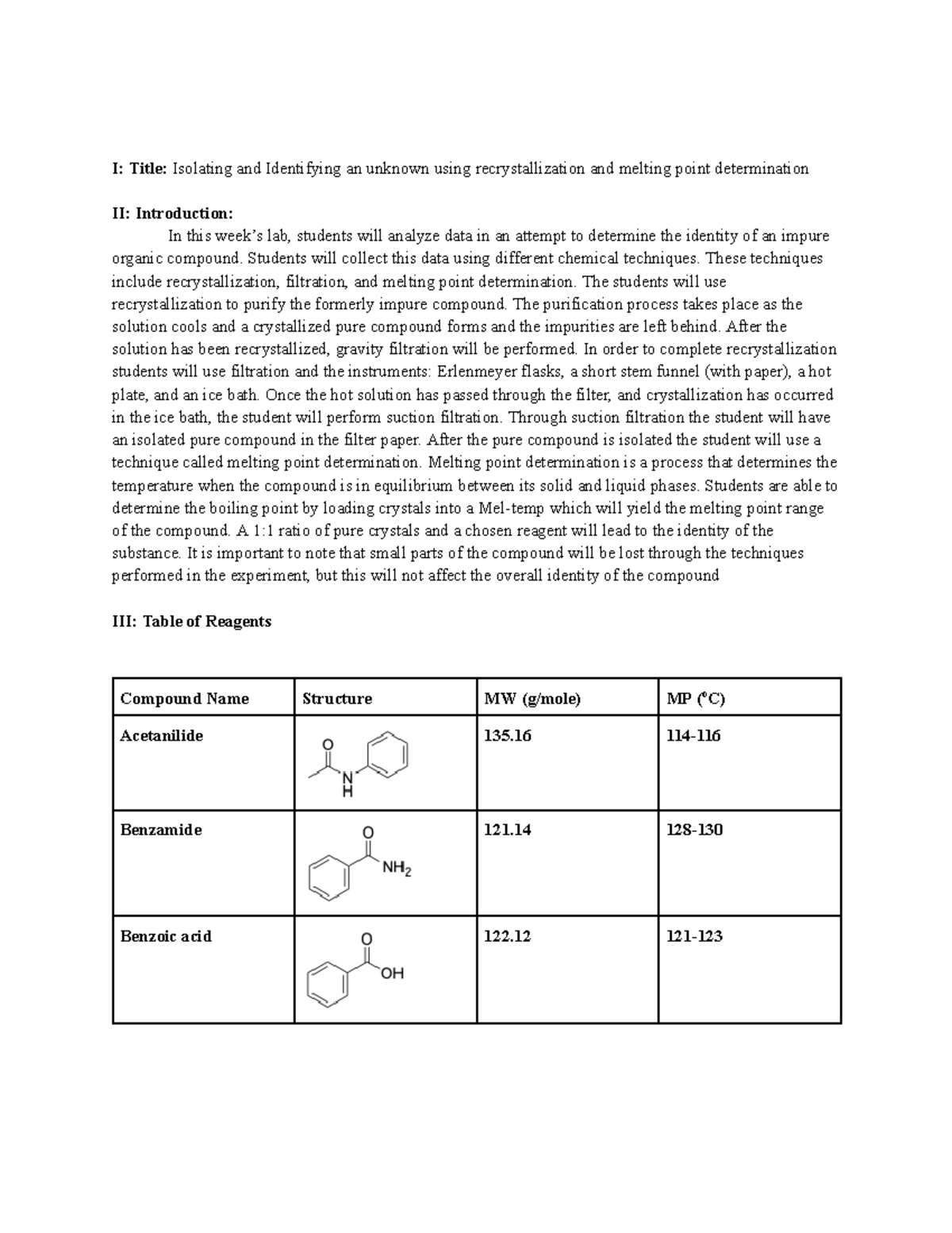 Recrystallization Lab - I: Title: Isolating and Identifying an unknown ...