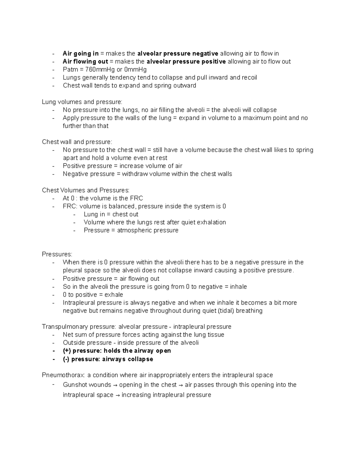 Respiratory Physiology Voolumes and pressures - Air going in = makes ...